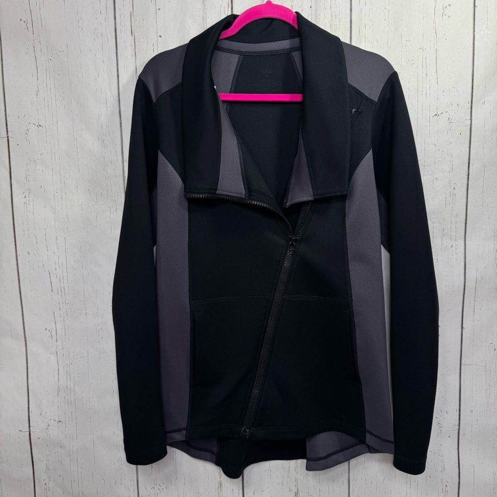 CAbi Black Gray Asymmetrical Zip Jacket Draped Collar Size M Minimalist Modern